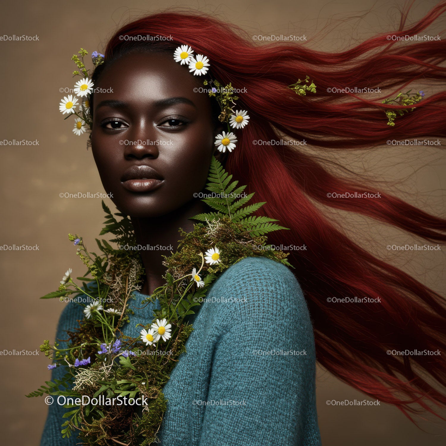 Elegant Portrait of a Woman with Flowing Red Hair and Botanical Accessories