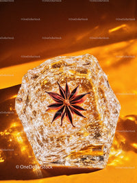 Star Anise Embedded in Glossy Ice Cube on Orange Surface