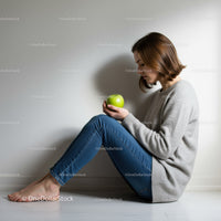 Young woman sitting on floor holding green apple