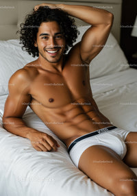Smiling young man relaxing on bed in white underwear