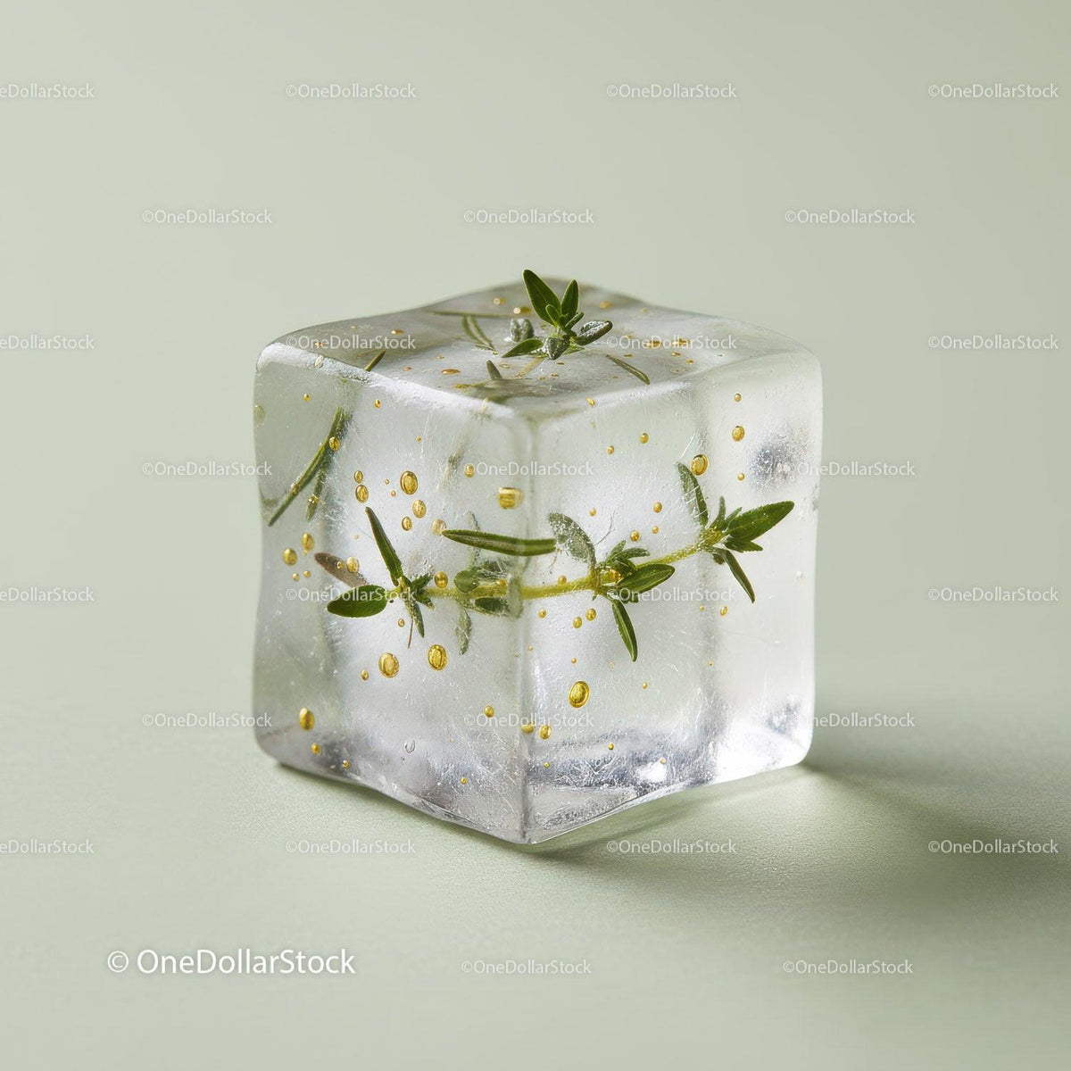Clear Ice Cube with Fresh Herb and Bubbles