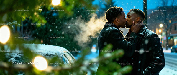 LGBTQ couple sharing a tender kiss on snowy winter night