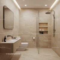 Luxurious Modern Bathroom with Beige Marble Tiles and Walk-In Shower