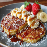 Golden Pancakes with Strawberries and Bananas in Sweet Caramel Drizzle