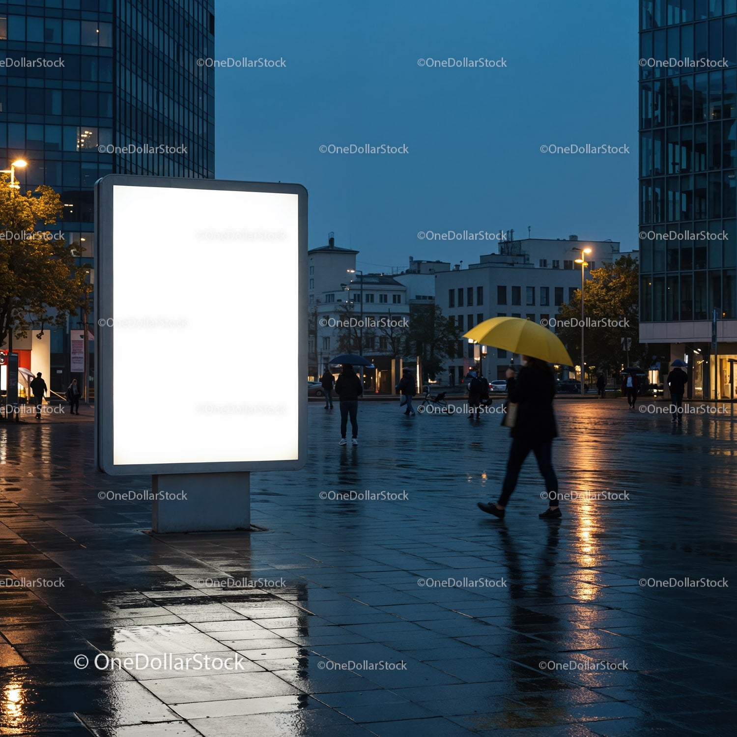 City street with illuminated billboard and pedestrians in rain