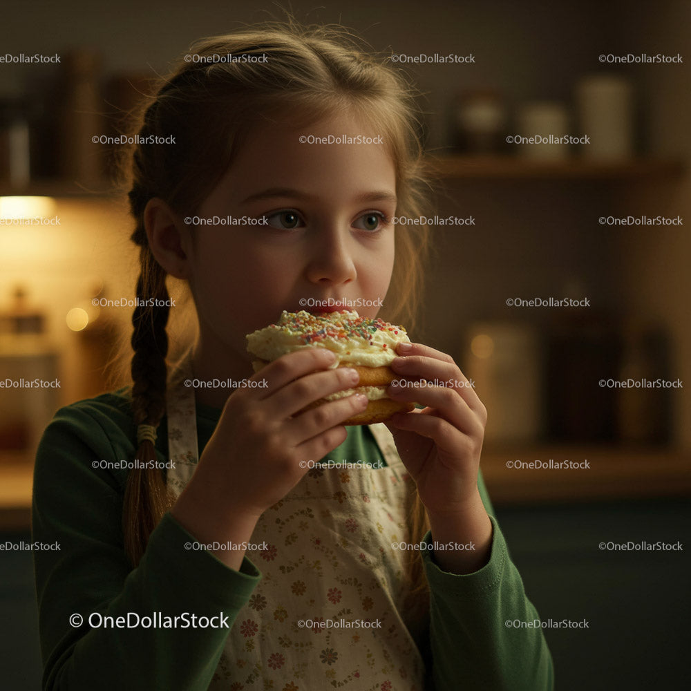 Girl Eating a Colorful Donut in a Cozy Kitchen