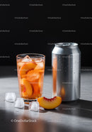 Refreshing Peach Iced Tea with Ice Cubes and Can