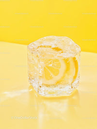 Lemon slice frozen inside a clear ice cube on yellow