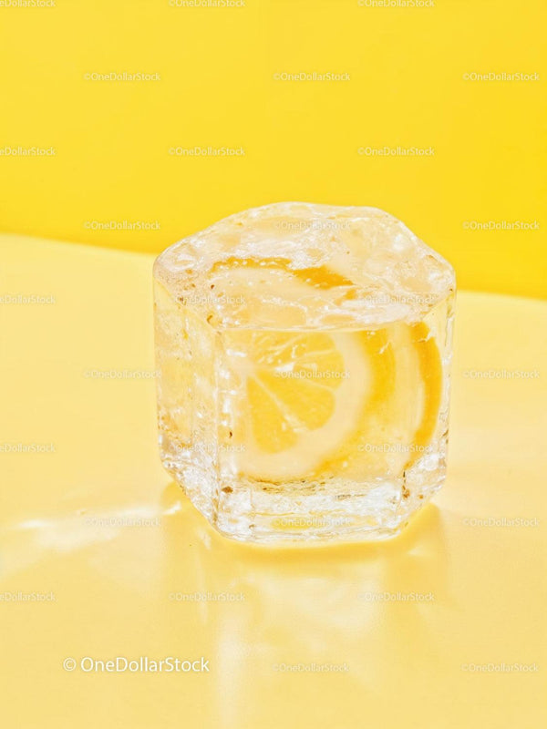 Lemon slice frozen inside a clear ice cube on yellow