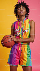 Vibrant Woman in Colorful Sportswear Holding Basketball Against Pink and Yellow Background