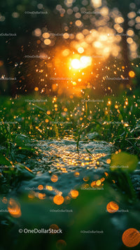 Sunlit Water Droplets and Green Grass in Morning Light