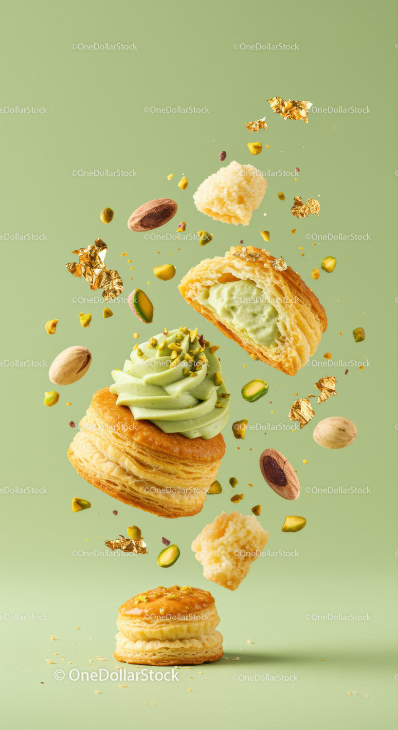 Delicate Pistachio Cream Pastries with Gold Leaf Accents