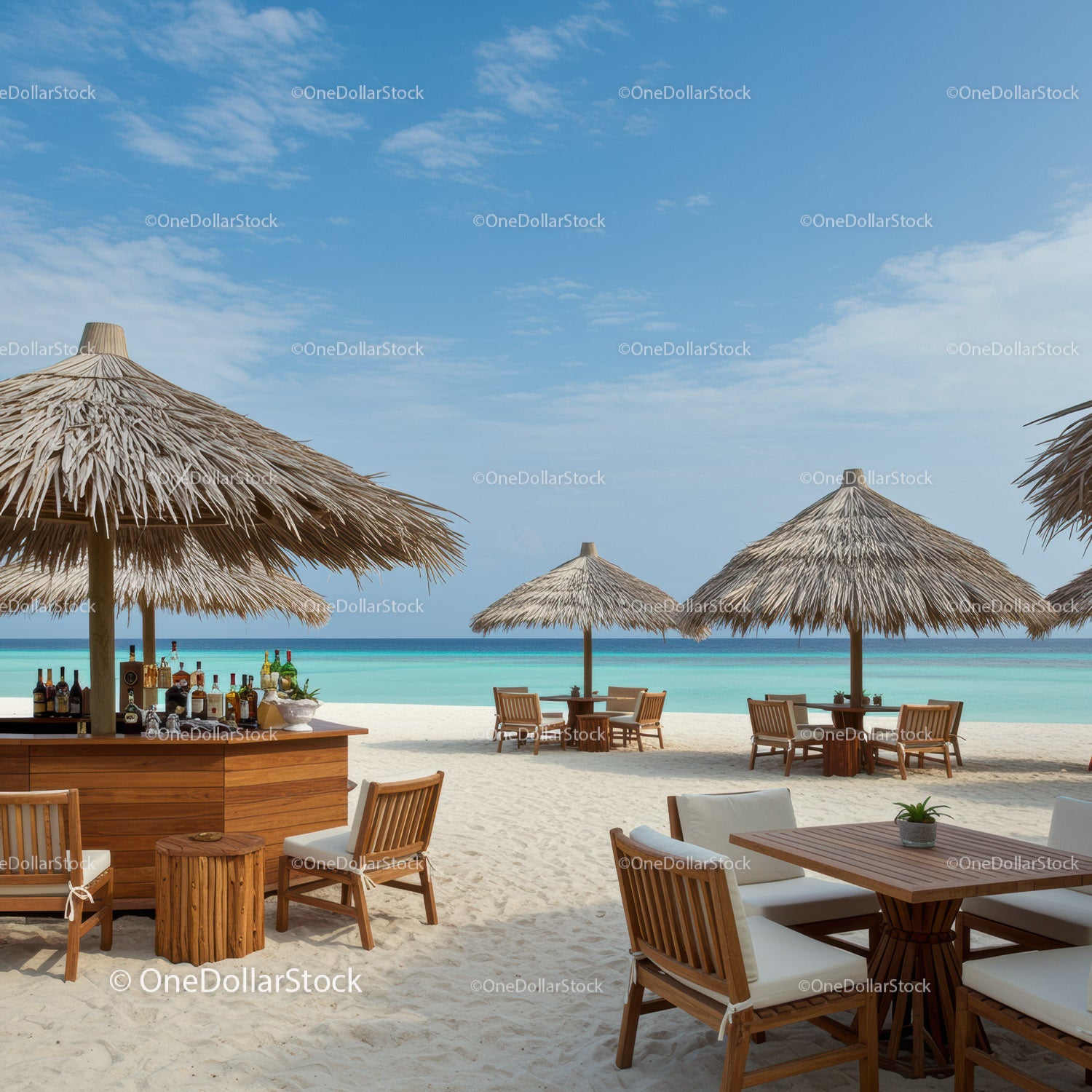 Tropical Beach Lounge Area with Straw Umbrellas and Wooden Seating