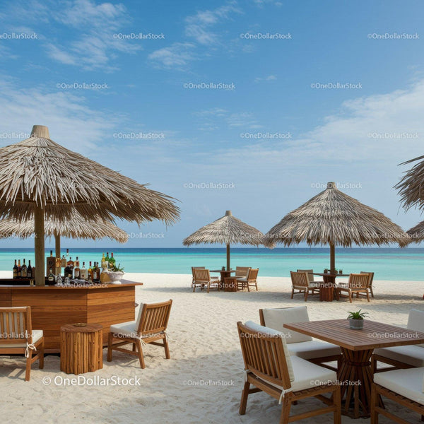 Tropical Beach Lounge Area with Straw Umbrellas and Wooden Seating