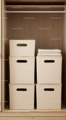 Closet Organization with Beige Fabric Storage Bins in Wooden Wardrobe