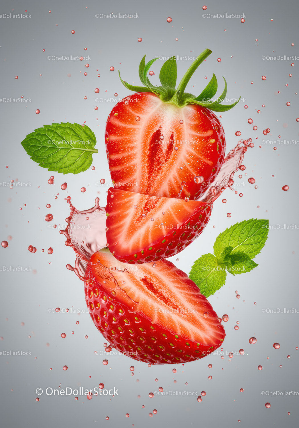 Fresh sliced strawberries with mint leaves splashing