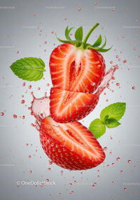 Fresh sliced strawberries with mint leaves splashing