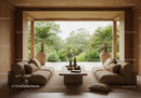 Minimalist open living room with natural greenery view