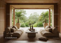 Minimalist open living room with natural greenery view