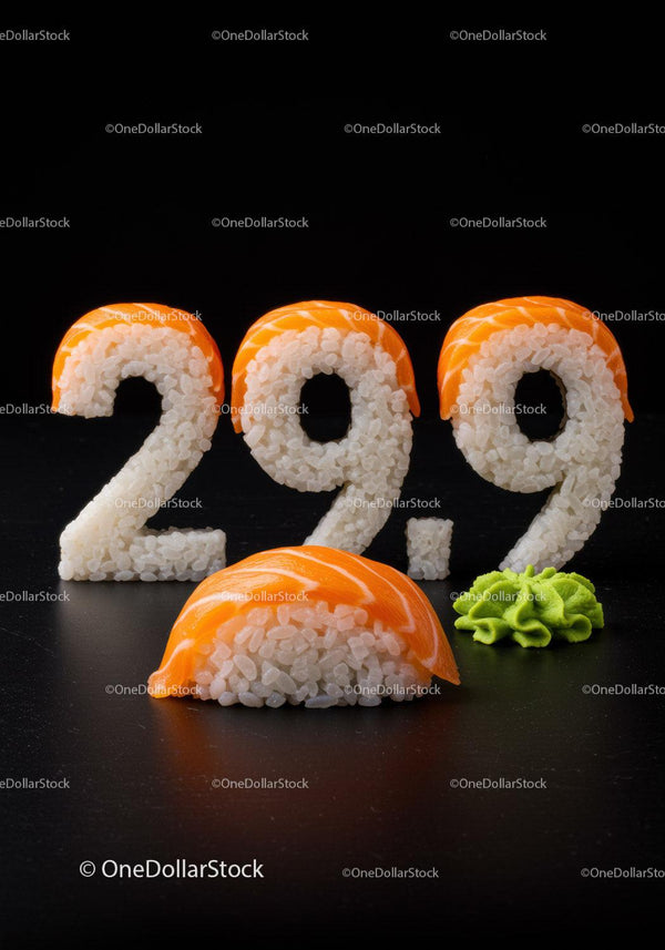 Creative sushi shaped as 29.9 price with salmon