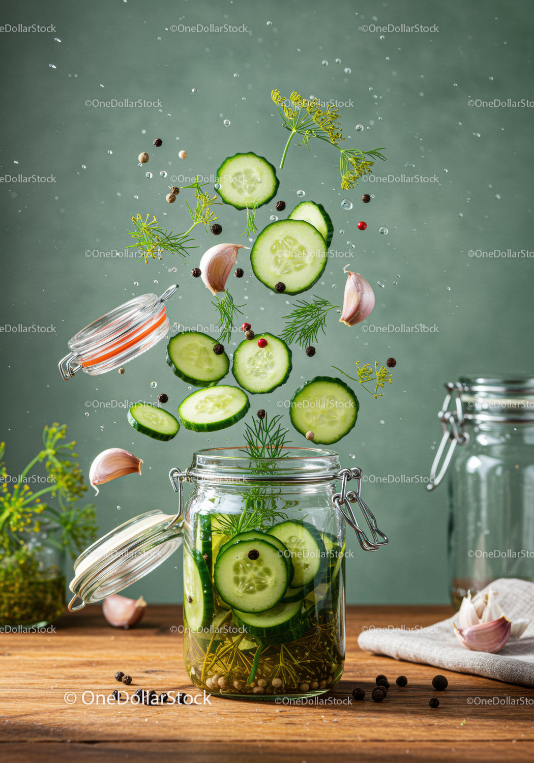 Fresh cucumber slices and herbs exploding into jar