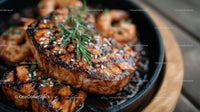 Salmon Steak with Sesame Seeds and Fresh Herbs in a Black Skillet