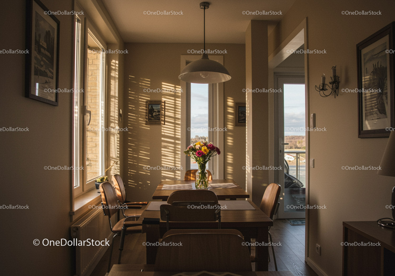 Cozy dining room with sunlight and floral centerpiece