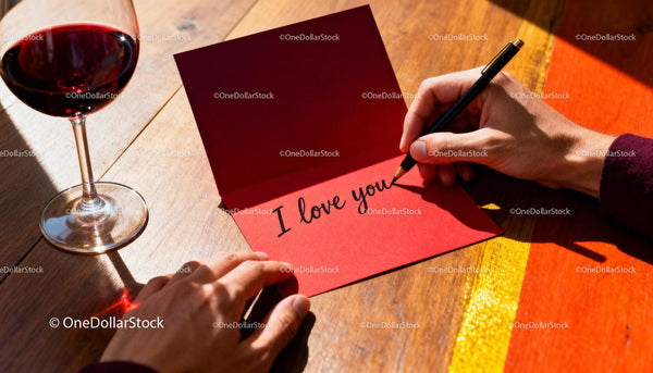 Handwriting a Romantic Valentine Message on a Red Card