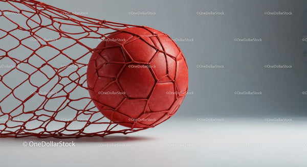 Red Soccer Ball in Net on a Sport Background