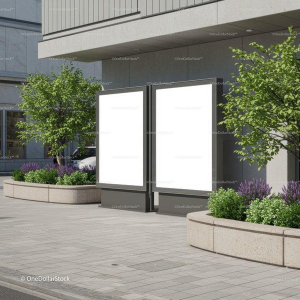 Empty outdoor advertising boards near modern building JPG Mockup Image