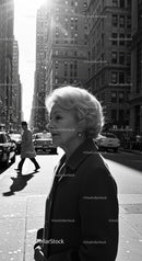 Elderly Woman in Busy City Street Surrounded by Vintage Cars