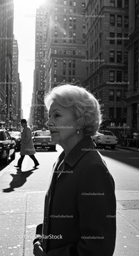 Elderly Woman in Busy City Street Surrounded by Vintage Cars