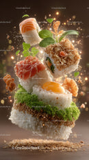 Creative Sushi Platter with Floating Sushi Pieces and Edible Greens