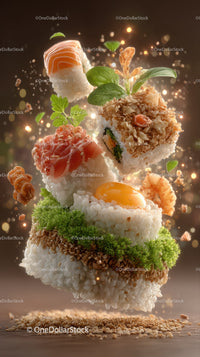 Creative Sushi Platter with Floating Sushi Pieces and Edible Greens