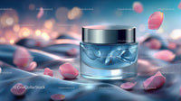 Elegant Glass Jar of Skincare with Pink Petals on Soft Fabric