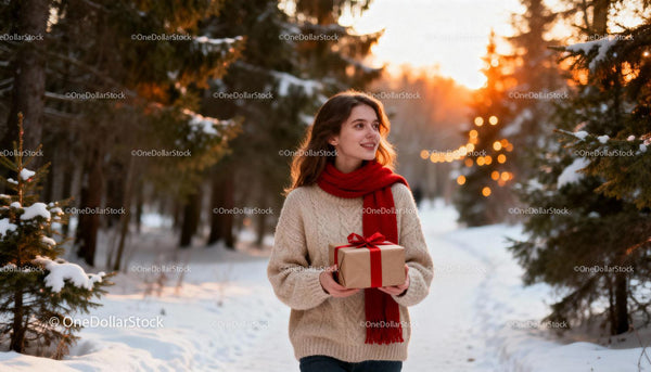 Young woman holding gift walking in snowy forest at sunset