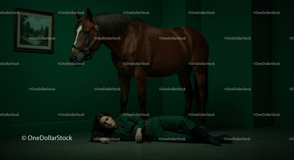 Woman Lying on Floor Beside a Horse in Dramatic Green Room