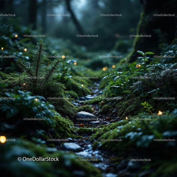 Mystical forest floor with glowing fireflies at dusk
