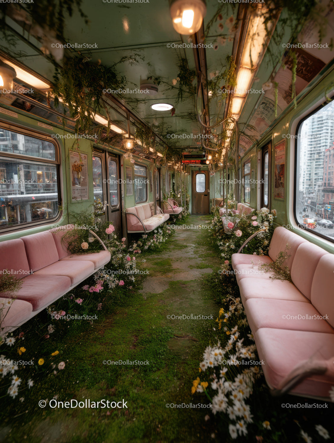 Vintage Train Car Filled with Flowers and Green Moss During Sunset