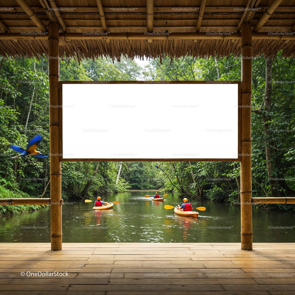 Kayaking adventure on serene river in lush forest JPG Mockup Image