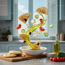 Fresh Greek salad ingredients with olive oil splash