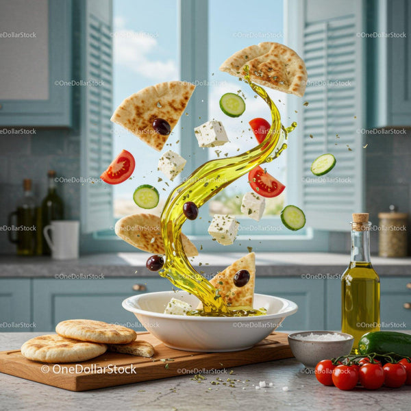 Fresh Greek salad ingredients with olive oil splash