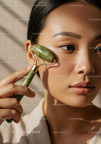 Portrait of a Woman Using Jade Roller for Facial Skin Care
