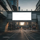 Urban street with blank billboard at dusk in city center