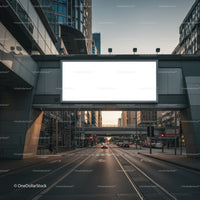 Urban street with blank billboard at dusk in city center