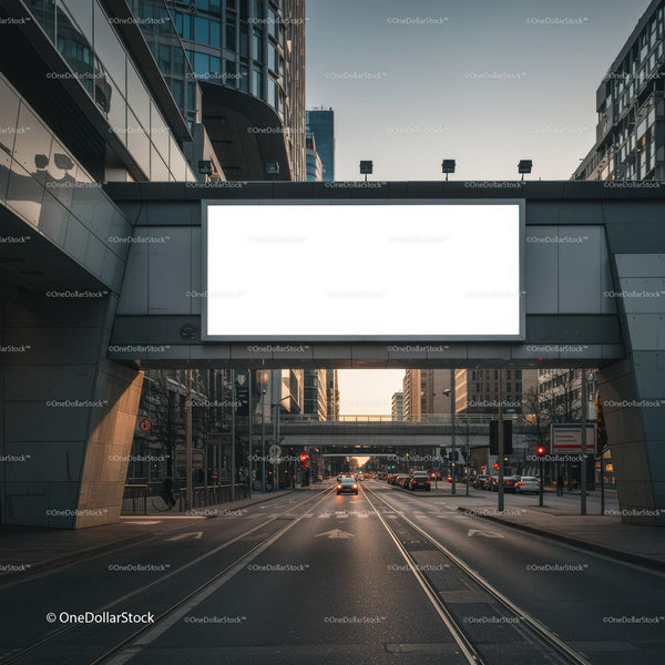 Urban street with blank billboard at dusk in city center JPG Mockup Image