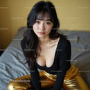 Stylish Woman in Black Top and Gold Pants Sitting Indoors