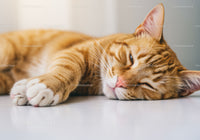 Relaxed orange tabby cat lying peacefully indoors
