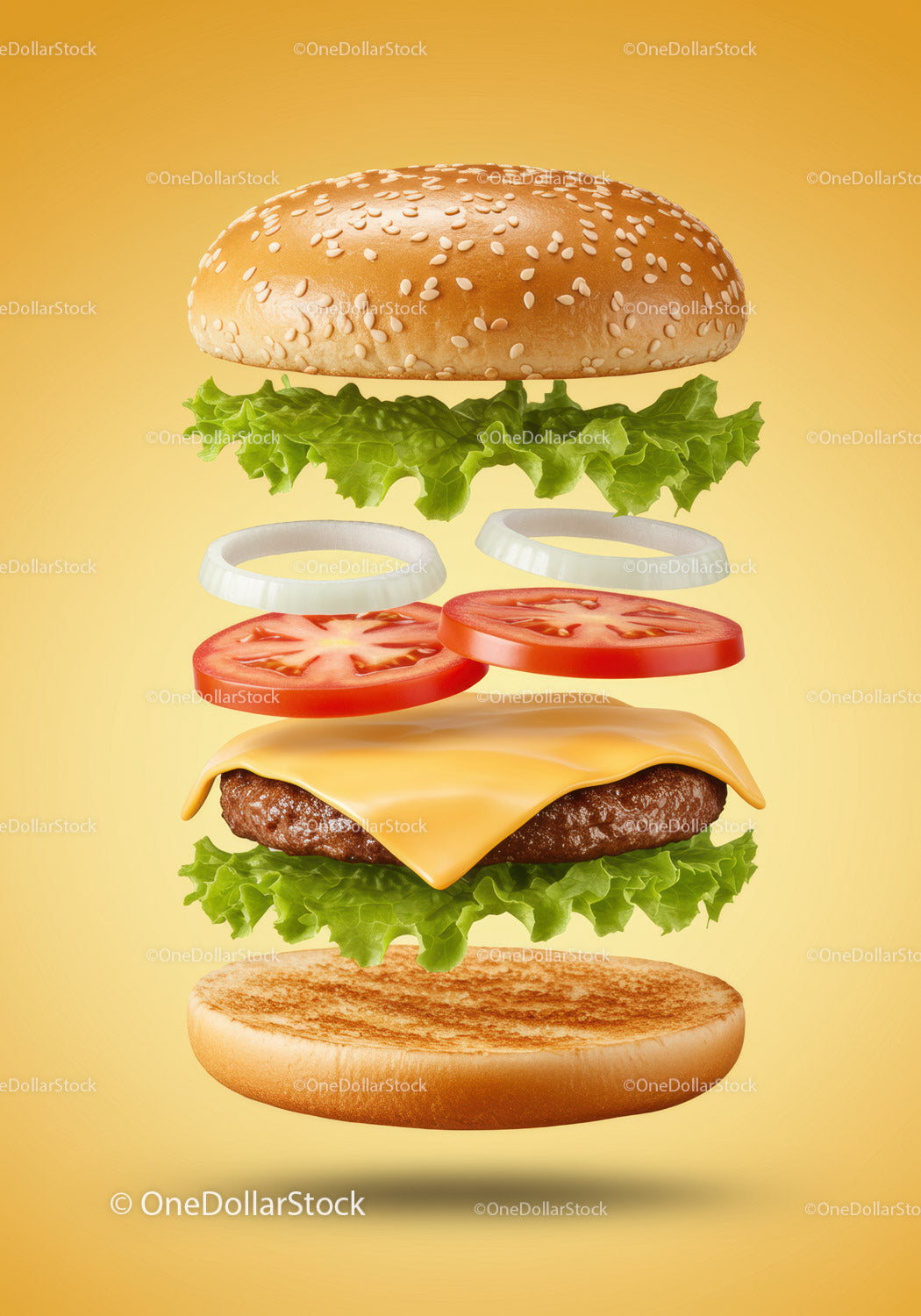 Classic cheeseburger with fresh vegetables floating