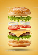 Classic cheeseburger with fresh vegetables floating